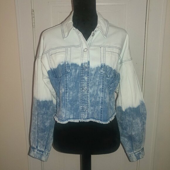 INC International Concepts: 2-Tone Crop Denim Jacket W/Balloon Sleeves - Size S - Picture 1 of 9
